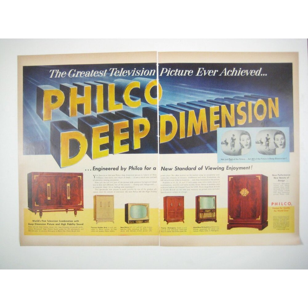 Philco 1950s Deep Dimension Television 2 Page Print Ad Mod 3D Movie Font